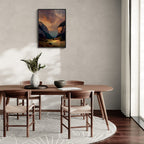 Alps Haven - Poster hanging above a wooden dining table in a modern minimalist interior.