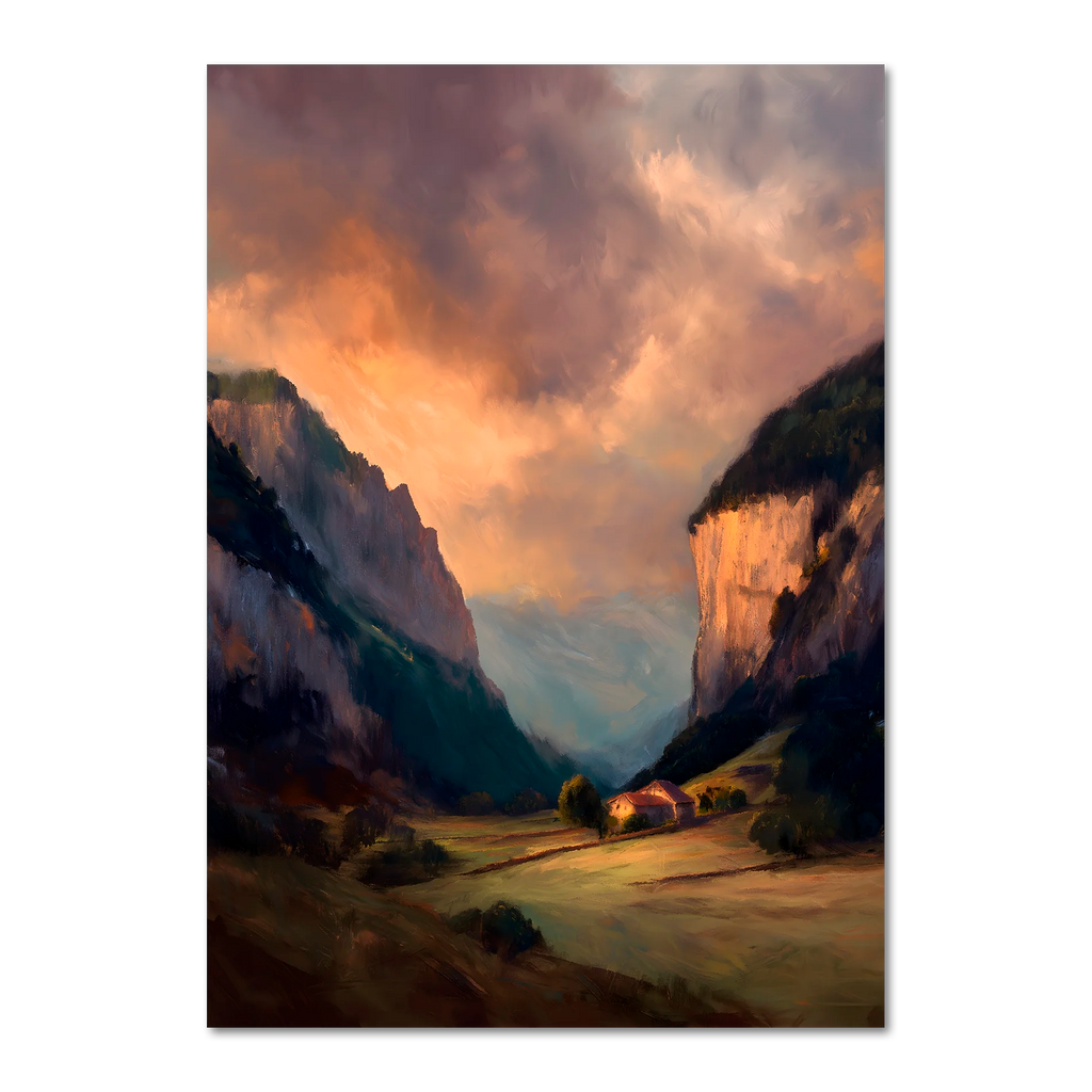 Alps Haven - Poster depicting a calm alpine valley at sunset with warm golden light and misty mountains.