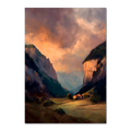 Alps Haven - Poster depicting a calm alpine valley at sunset with warm golden light and misty mountains.