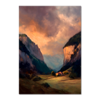 Alps Haven - Poster depicting a calm alpine valley at sunset with warm golden light and misty mountains.