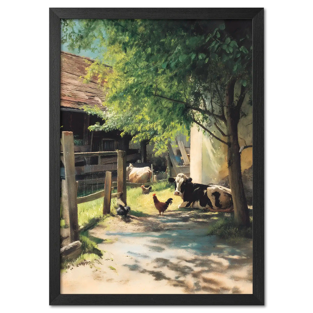 Alps Homestead - Poster featuring a peaceful farmyard with a cow and chickens in warm sunlight.