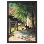 Alps Homestead - Poster featuring a peaceful farmyard with a cow and chickens in warm sunlight.