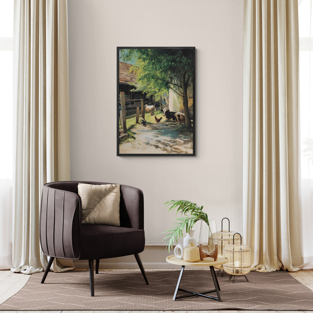 Alps Homestead - Poster featuring a peaceful farmyard scene with chickens and a cow in a cozy interior setting.