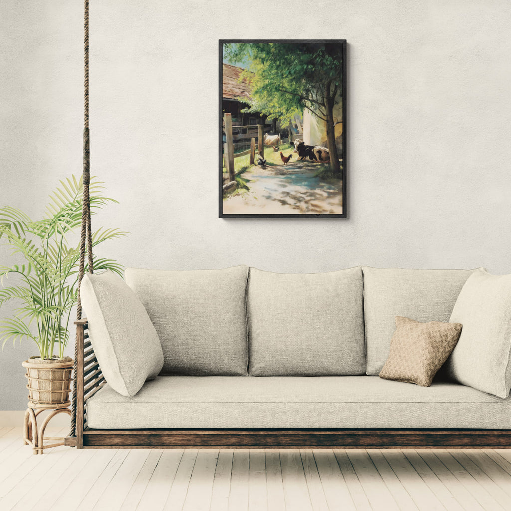 Alps Homestead - Poster featuring a peaceful farmyard scene on a sunny day, wall art for modern interiors.