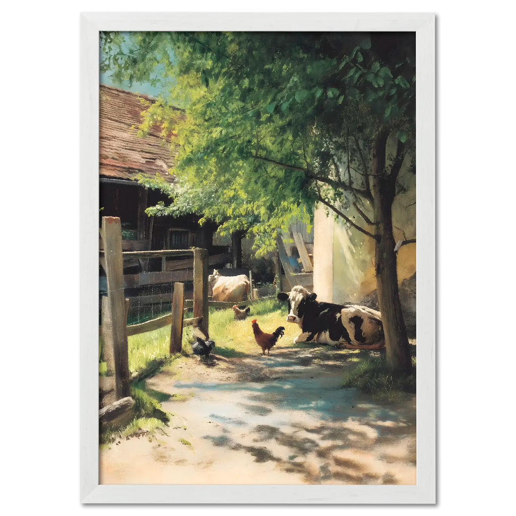 Alps Homestead - Poster featuring a peaceful farmyard with cows and chickens in soft light.