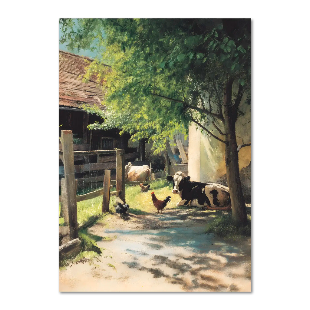 Alps Homestead - Poster depicting a peaceful farmyard with cows and chickens in sunlight.