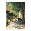 Alps Homestead - Poster depicting a peaceful farmyard with cows and chickens in sunlight.