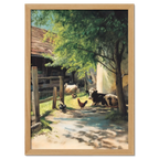 Alps Homestead - Poster featuring a peaceful farmyard with cows and chickens in natural light.