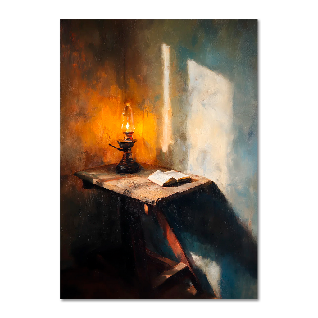 Alps Lantern - Poster, showcasing a warm lantern glow illuminating a rustic wooden table with an open book.