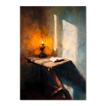 Alps Lantern - Poster, showcasing a warm lantern glow illuminating a rustic wooden table with an open book.