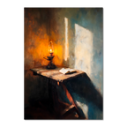 Alps Lantern - Poster, showcasing a warm lantern glow illuminating a rustic wooden table with an open book.