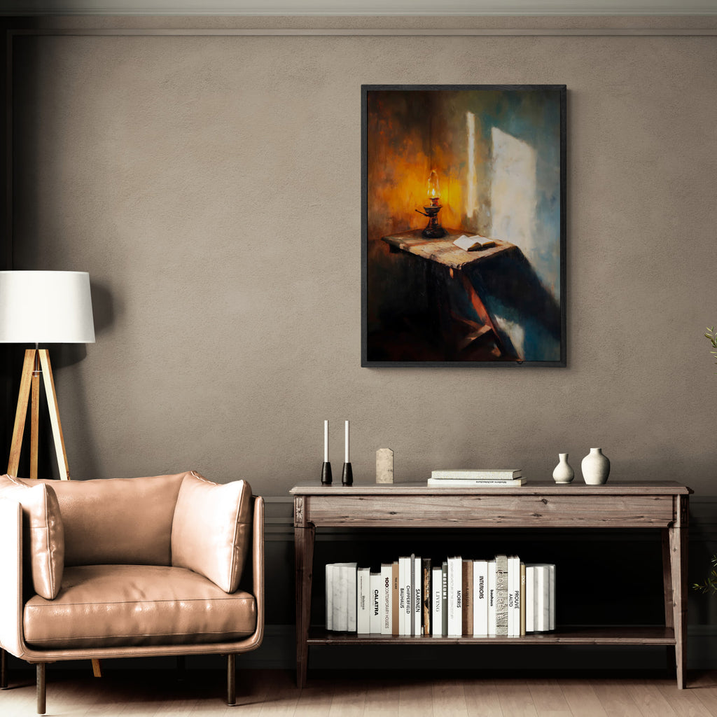 Alps Lantern - Poster showcasing warm lantern light illuminating a rustic table and open book in a cozy setting.