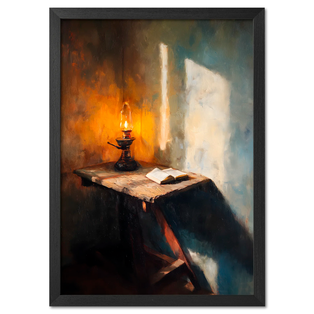 Alps Lantern - Poster featuring a warm lantern glow illuminating an open book on a rustic table, creating a cozy atmosphere.