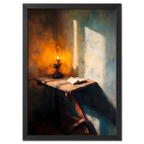 Alps Lantern - Poster featuring a warm lantern glow illuminating an open book on a rustic table, creating a cozy atmosphere.