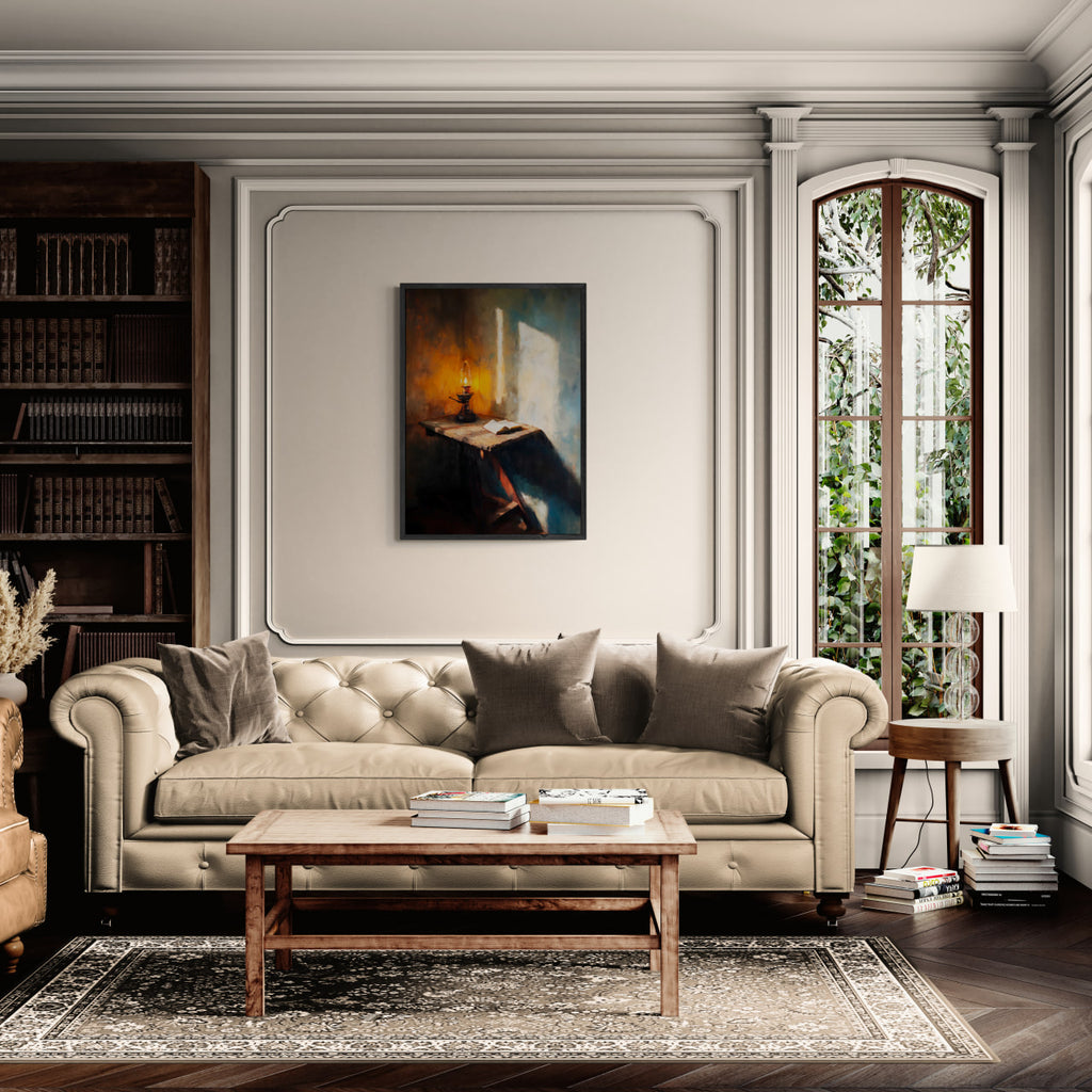 Cozy living room featuring the Alps Lantern - Poster, warm ambient light, and a rustic wooden coffee table.