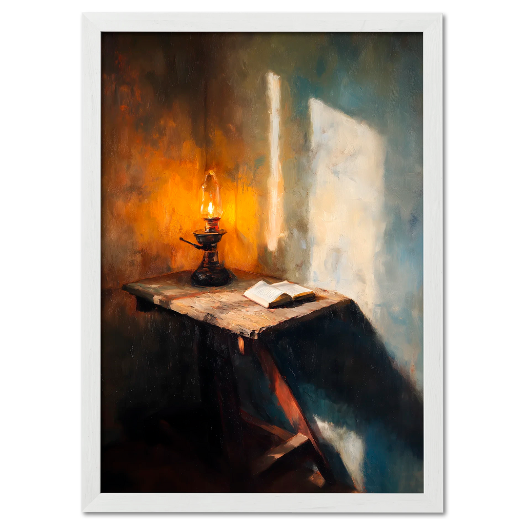 Alps Lantern - Poster showing a warm lantern glow illuminating an open book on a rustic wooden table.