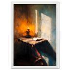 Alps Lantern - Poster showing a warm lantern glow illuminating an open book on a rustic wooden table.
