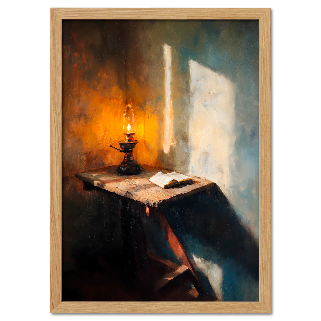 Alps Lantern - Poster showcasing a warm lantern glow beside an open book on a rustic table.