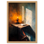 Alps Lantern - Poster showcasing a warm lantern glow beside an open book on a rustic table.