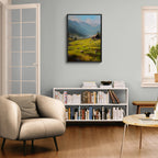 Alps Meadow - Poster showcasing a sunny alpine meadow with sheep and a wooden house, perfect wall art.