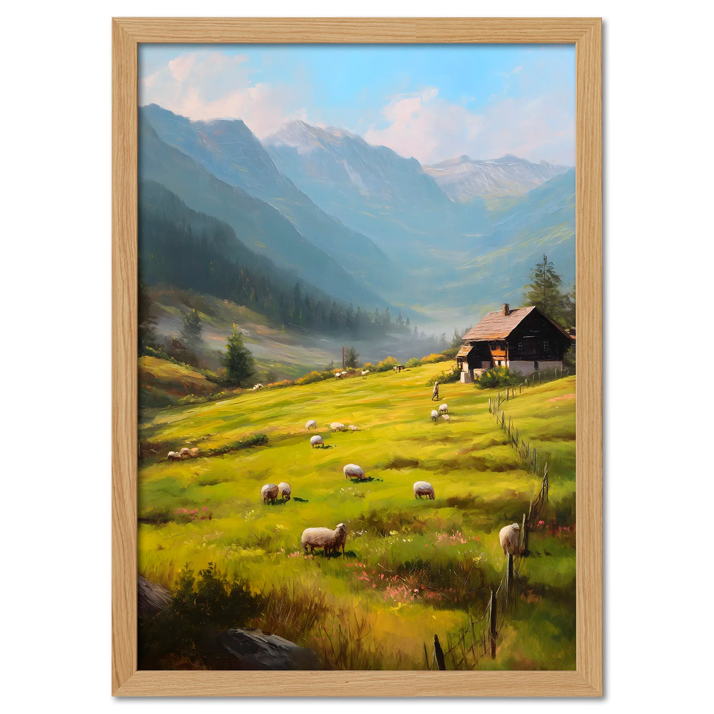 Alps Meadow - Poster featuring a sunny alpine meadow with sheep grazing and a wooden house by distant blue mountains.