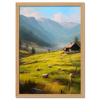 Alps Meadow - Poster featuring a sunny alpine meadow with sheep grazing and a wooden house by distant blue mountains.