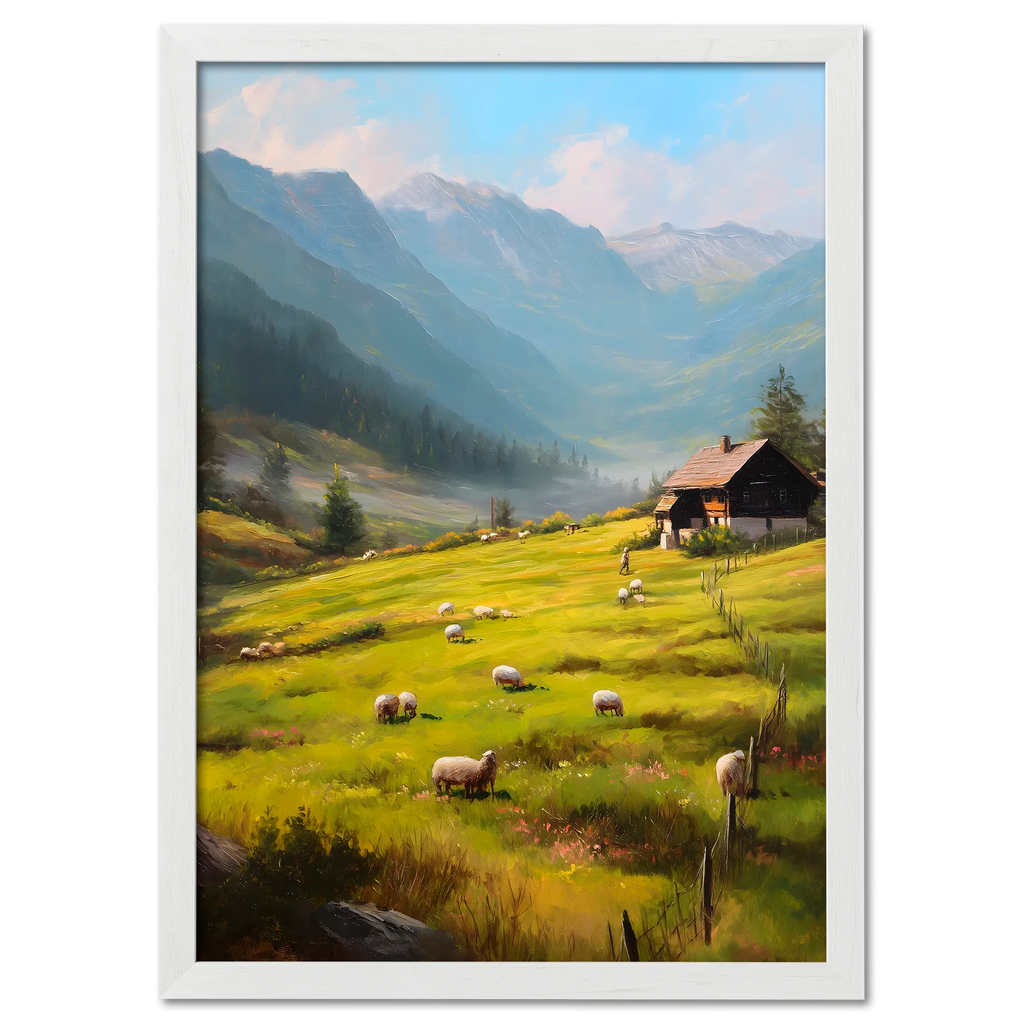 Alps Meadow - Poster, a vibrant artwork depicting sheep grazing in a sunny alpine meadow with mountains in the background.