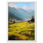 Alps Meadow - Poster, a vibrant artwork depicting sheep grazing in a sunny alpine meadow with mountains in the background.