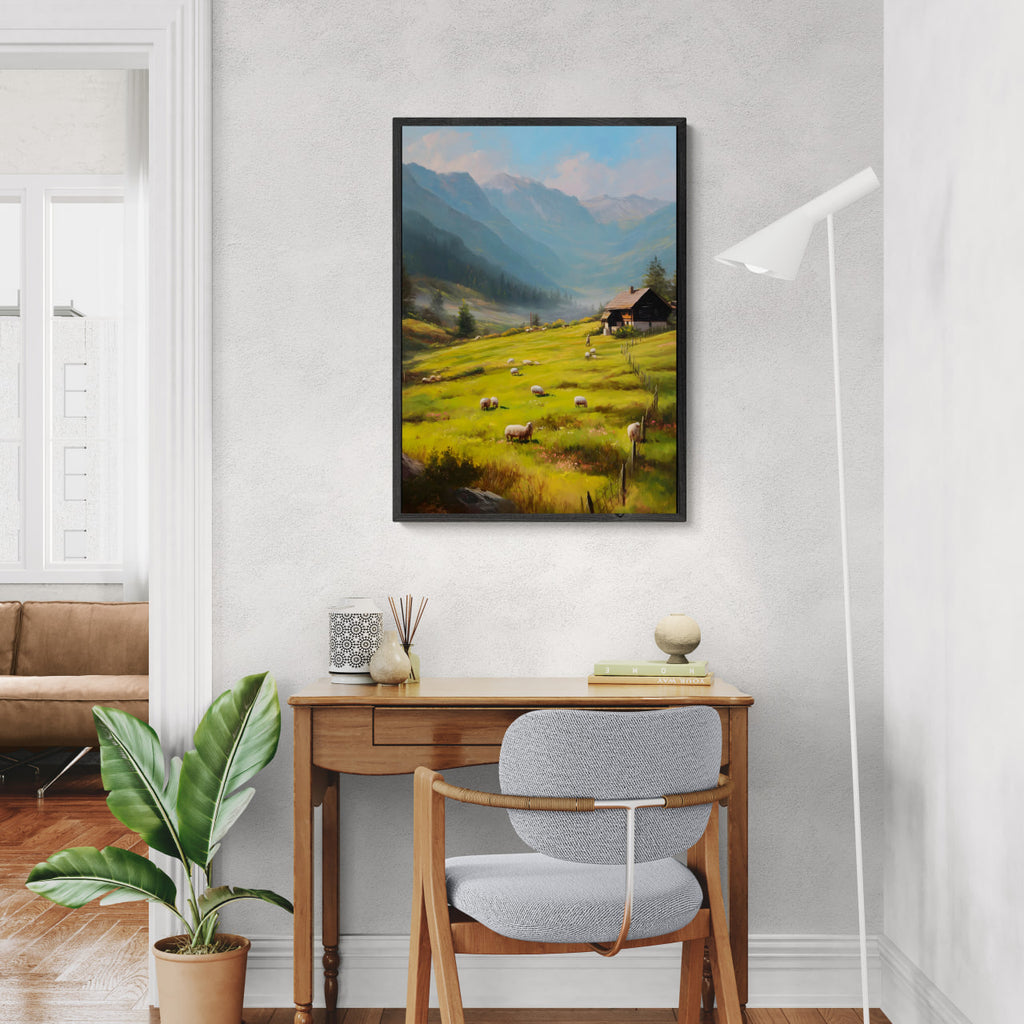 Alps Meadow - Poster featuring a bright alpine meadow with sheep grazing in a modern interior.