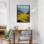 Alps Meadow - Poster featuring a bright alpine meadow with sheep grazing in a modern interior.