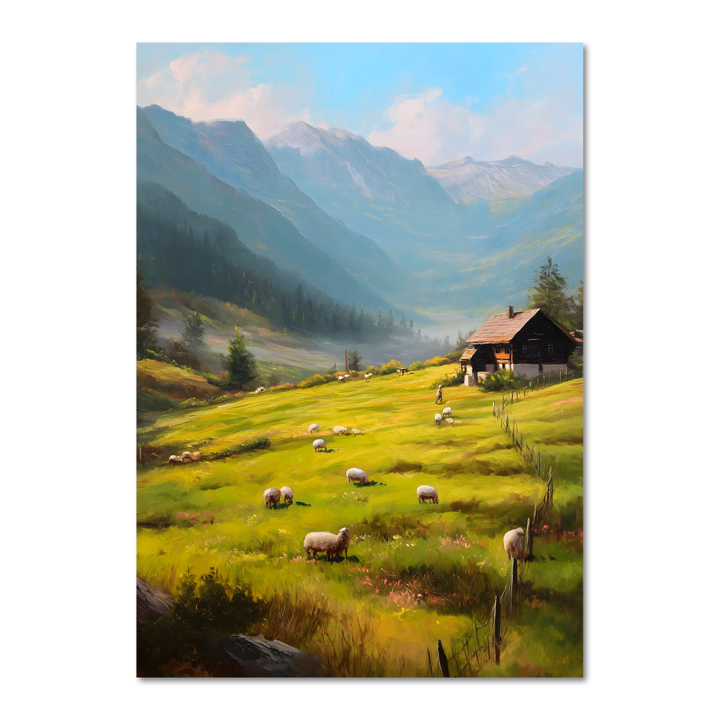 Alps Meadow - Poster showcasing a bright alpine meadow with sheep and a wooden house under blue mountains.