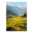 Alps Meadow - Poster showcasing a bright alpine meadow with sheep and a wooden house under blue mountains.
