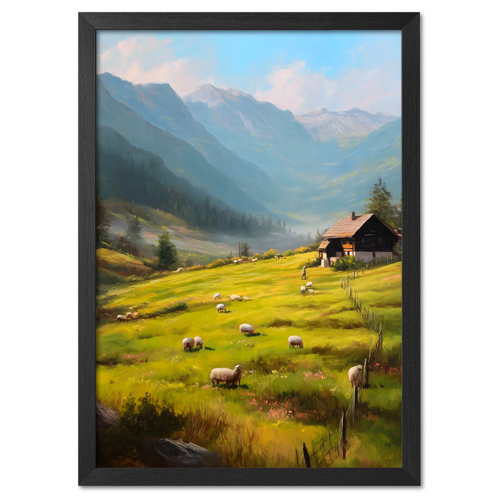 Alps Meadow - Poster featuring a sunny alpine meadow with sheep grazing and a wooden house near blue mountains.