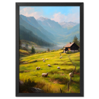 Alps Meadow - Poster featuring a sunny alpine meadow with sheep grazing and a wooden house near blue mountains.