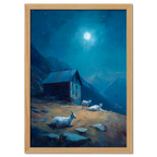 Alps Milkroad - Poster showcasing a serene alpine night with goats and a mountain hut under a full moon.