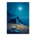 Alps Milkroad - Poster featuring a serene alpine night with goats and a mountain hut under a full moon.