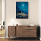 Alps Milkroad - Poster showcasing a serene alpine night with a mountain hut and goats, perfect wall art.