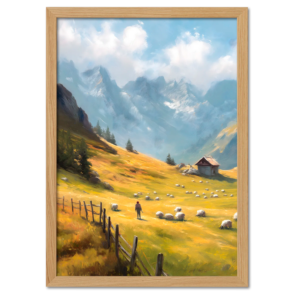 Alps Morning - Poster featuring a shepherd with sheep in a sunny alpine meadow surrounded by misty mountains.