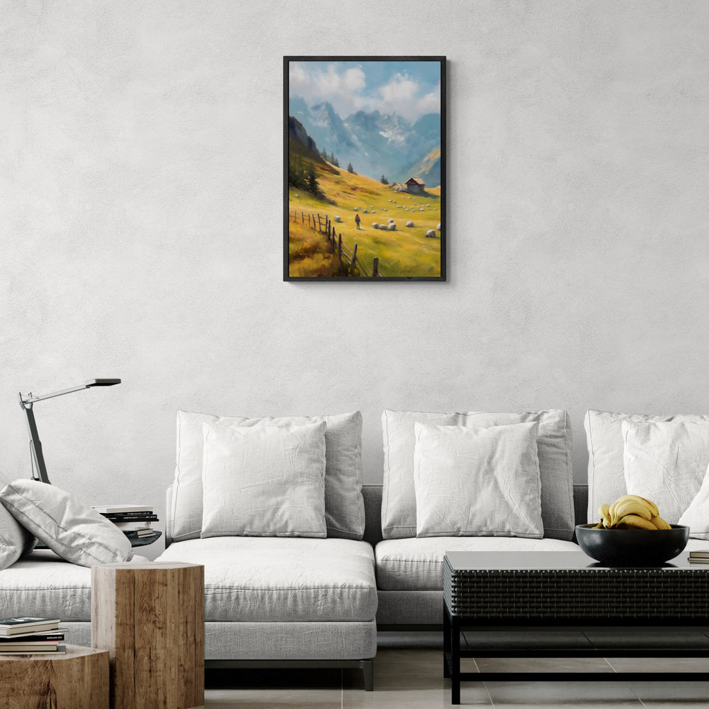 Alps Morning - Poster displayed in modern living room setting, showcasing serene alpine landscape and peaceful sheep.