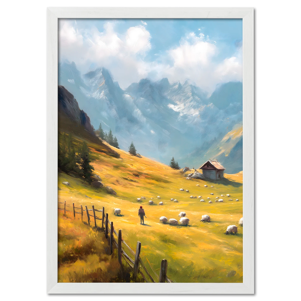 Alps Morning - Poster featuring a shepherd in a sunny meadow with sheep, mountains, and a rustic hut.