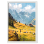 Alps Morning - Poster featuring a shepherd in a sunny meadow with sheep, mountains, and a rustic hut.