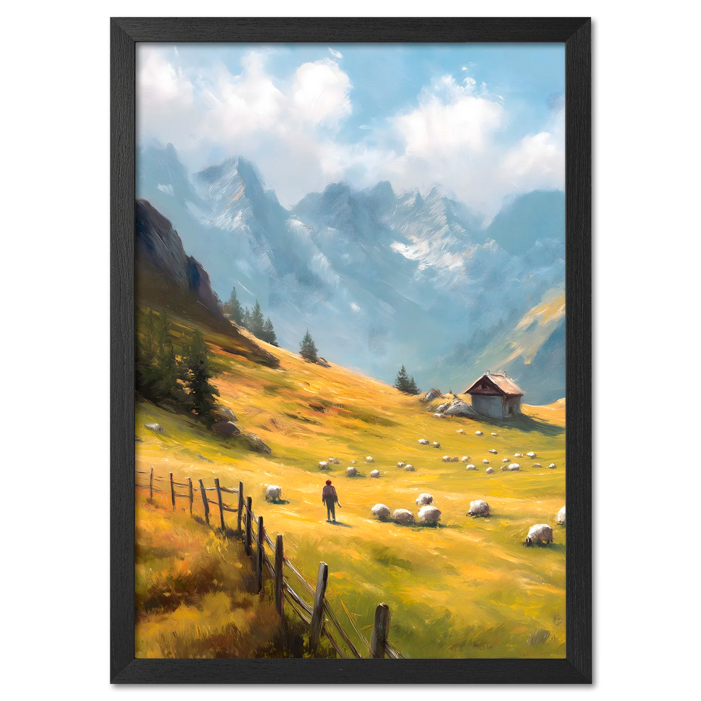 Alps Morning - Poster depicting a bright alpine meadow with a shepherd and grazing sheep under a golden sky.