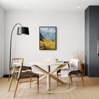 Alps Morning - Poster framed in a modern dining area with rustic chairs and a warm atmosphere.