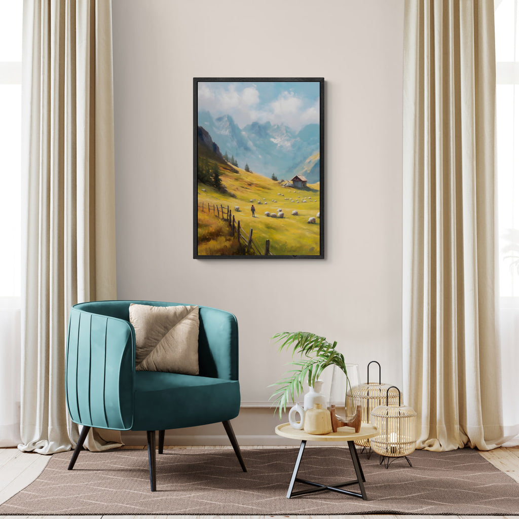 Alps Morning - Poster depicting a sunny alpine landscape with a shepherd, sheep, and a wooden hut in a cozy living room setting.