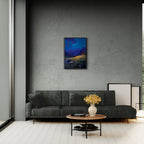 Alps Nightlight - Poster artwork displayed in a modern living room setting with a dark sofa and floral centerpiece.