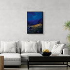 Alps Nightlight - Poster showcasing a tranquil alpine night scene with mountains, a glowing house, and sheep.