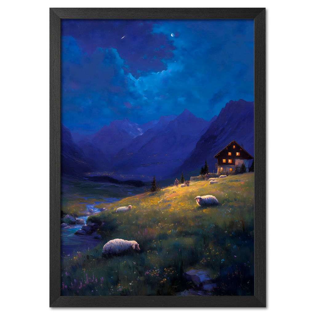 Alps Nightlight - Poster featuring a serene alpine scene at night with glowing house and sheep in the meadow.