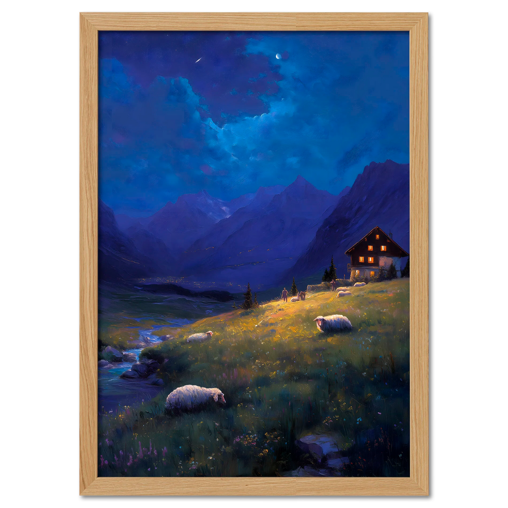Alps Nightlight - Poster featuring a serene alpine scene with sheep and a glowing house under a starry sky.