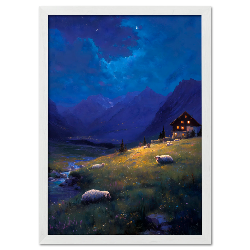 Alps Nightlight - Poster depicting a serene alpine scene with mountains, a house shining golden light, and sheep resting.