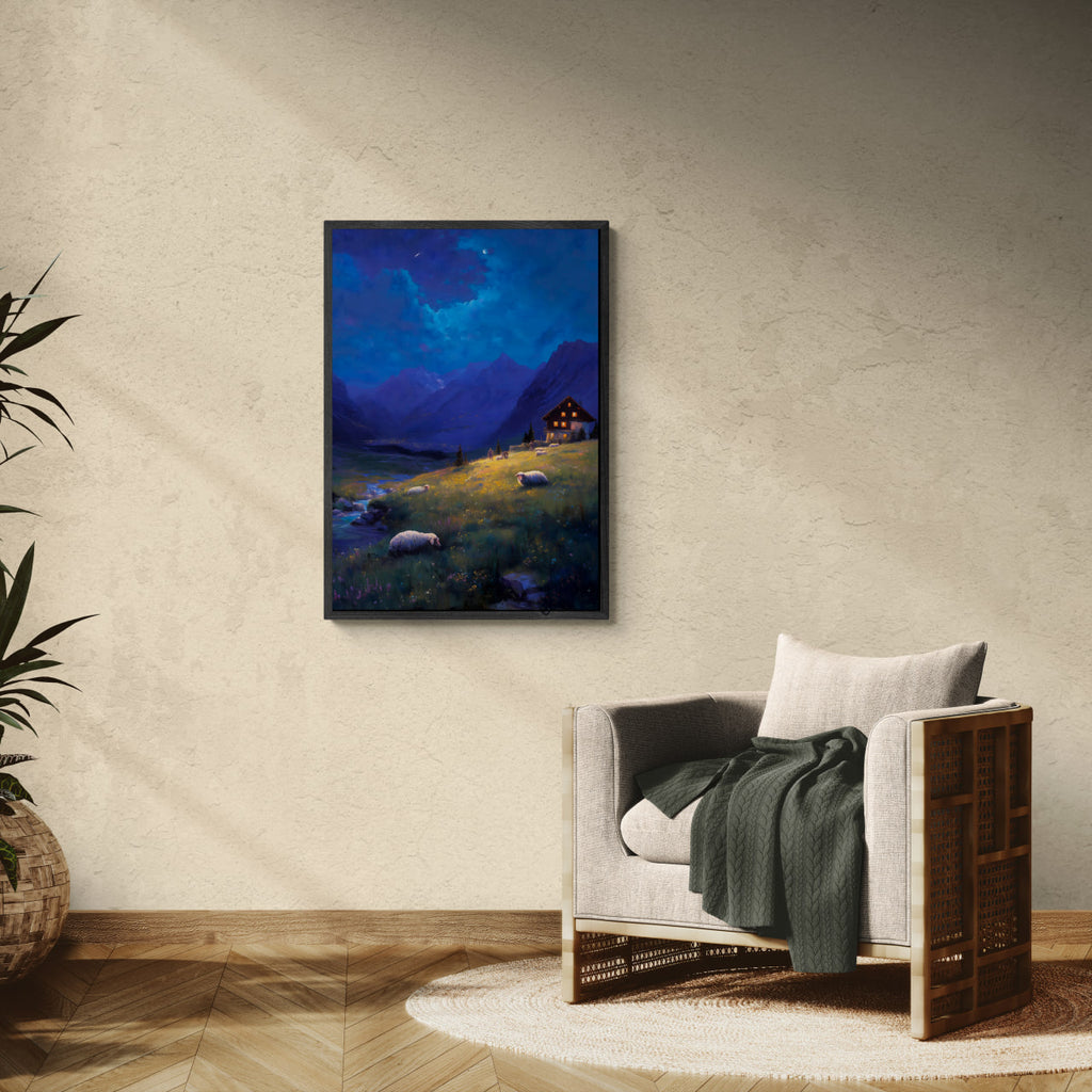 Alps Nightlight - Poster showcasing a serene alpine night with mountains, sheep, and a glowing house for decorative wall art.